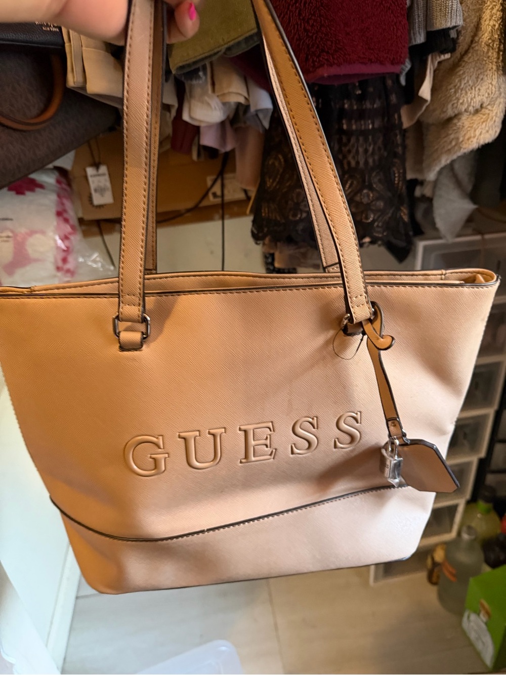 GUESS Beige Tote Bag with Embossed Logo